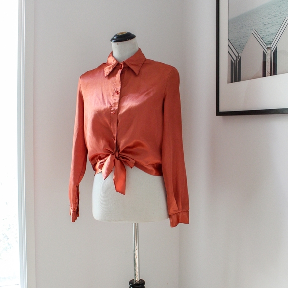 SOLD-Vintage 1950s Orange Satin Tie Front Western Crop Top / Shiny Dagger - Picture 3 of 9